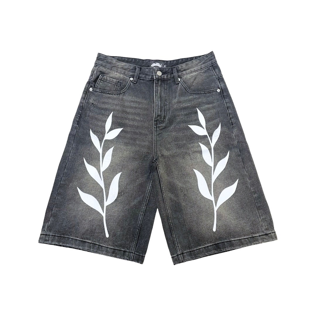 "LEAF" DENIM SHORTS - BLACK