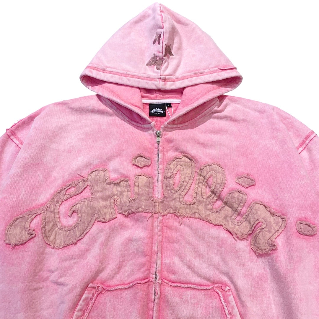 NY BUTTERFLY PIGMENT ZIP HOODIE - PINK