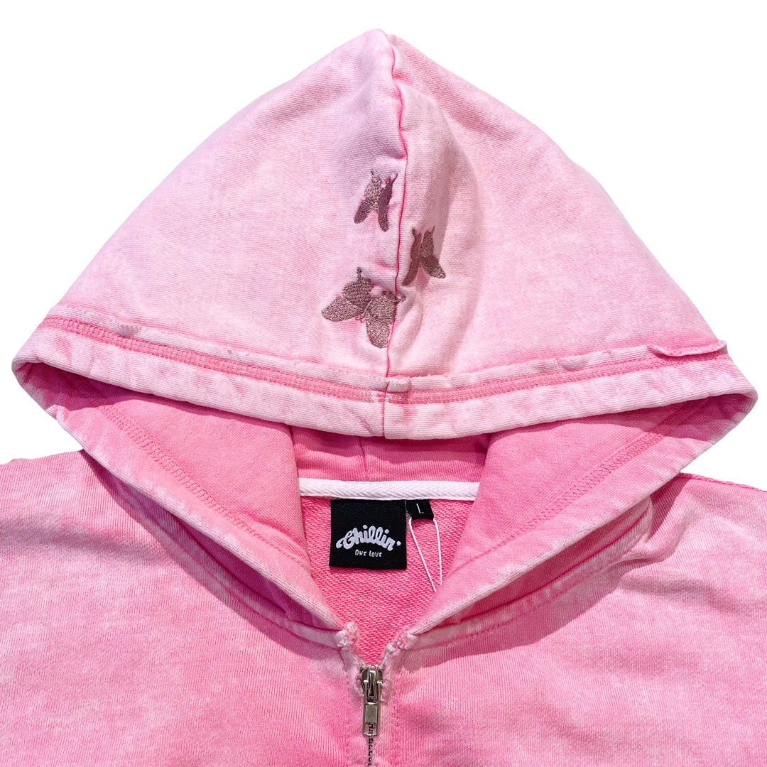 NY BUTTERFLY PIGMENT ZIP HOODIE - PINK