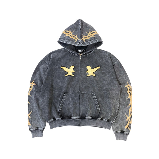 "EAGLE" PIGMENT ZIP HOODIE - BLACK