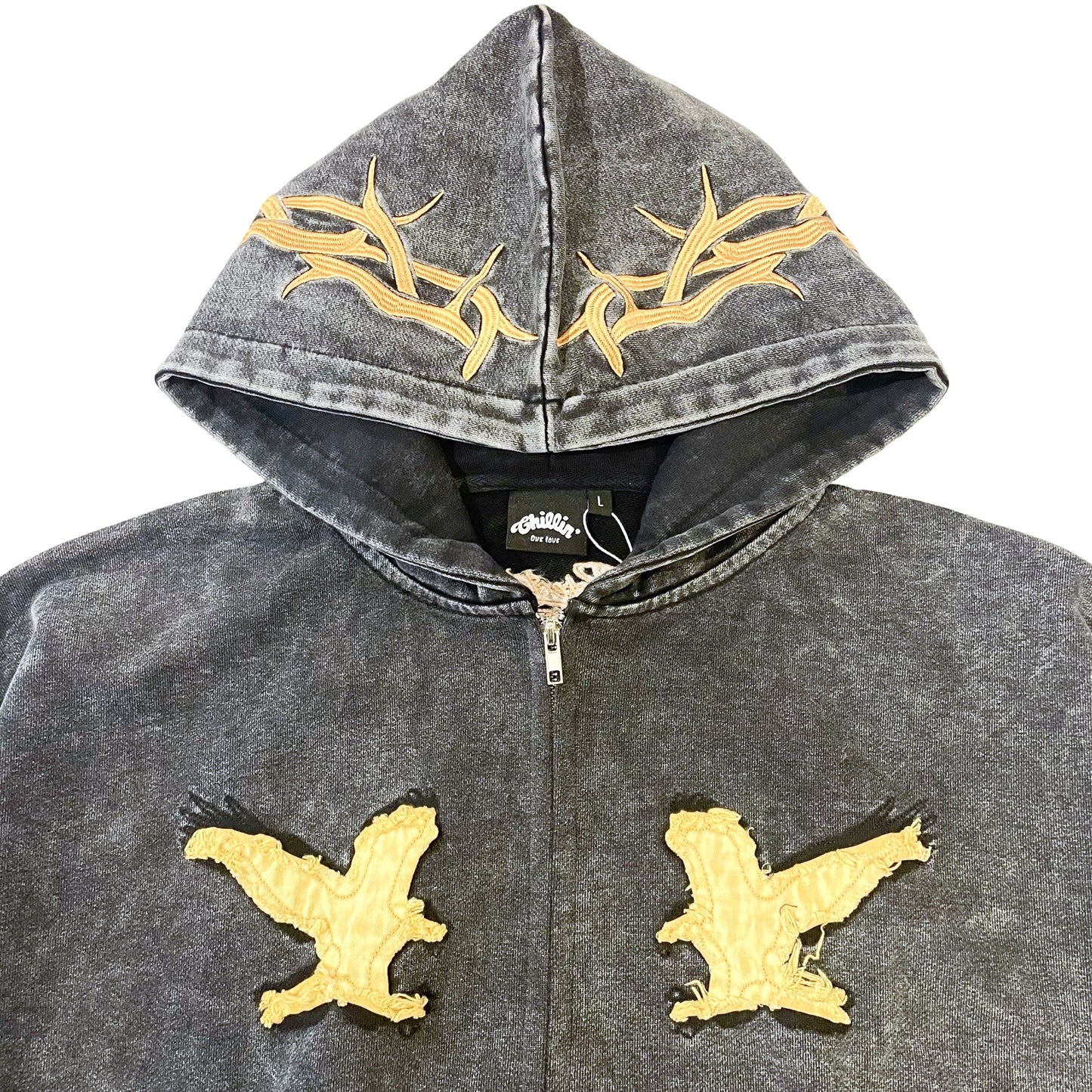 "EAGLE" PIGMENT ZIP HOODIE - BLACK
