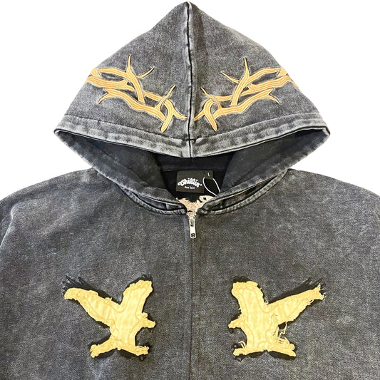"EAGLE" PIGMENT ZIP HOODIE - BLACK