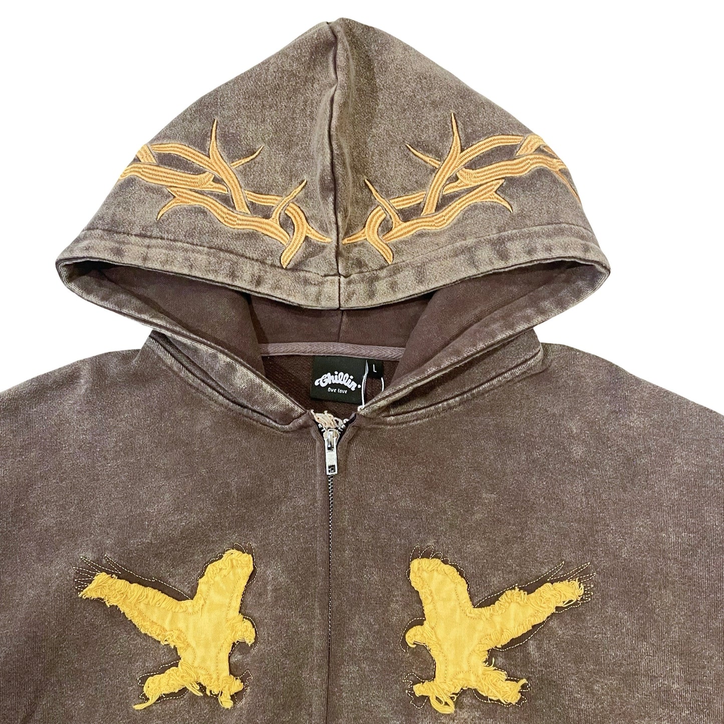 "EAGLE" PIGMENT ZIP HOODIE - BROWN