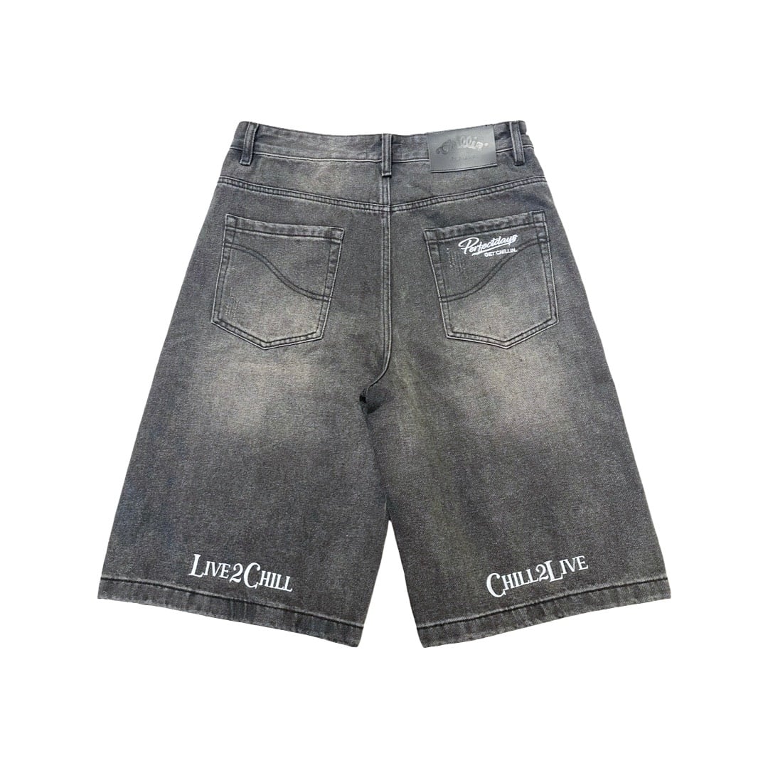 "LEAF" DENIM SHORTS - BLACK
