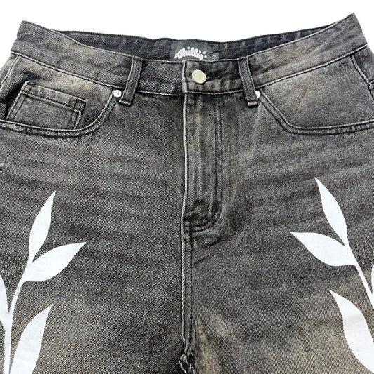 "LEAF" DENIM SHORTS - BLACK