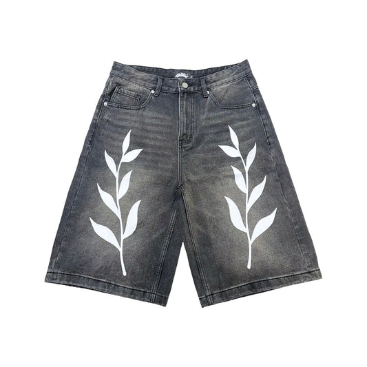 "LEAF" DENIM SHORTS - BLACK