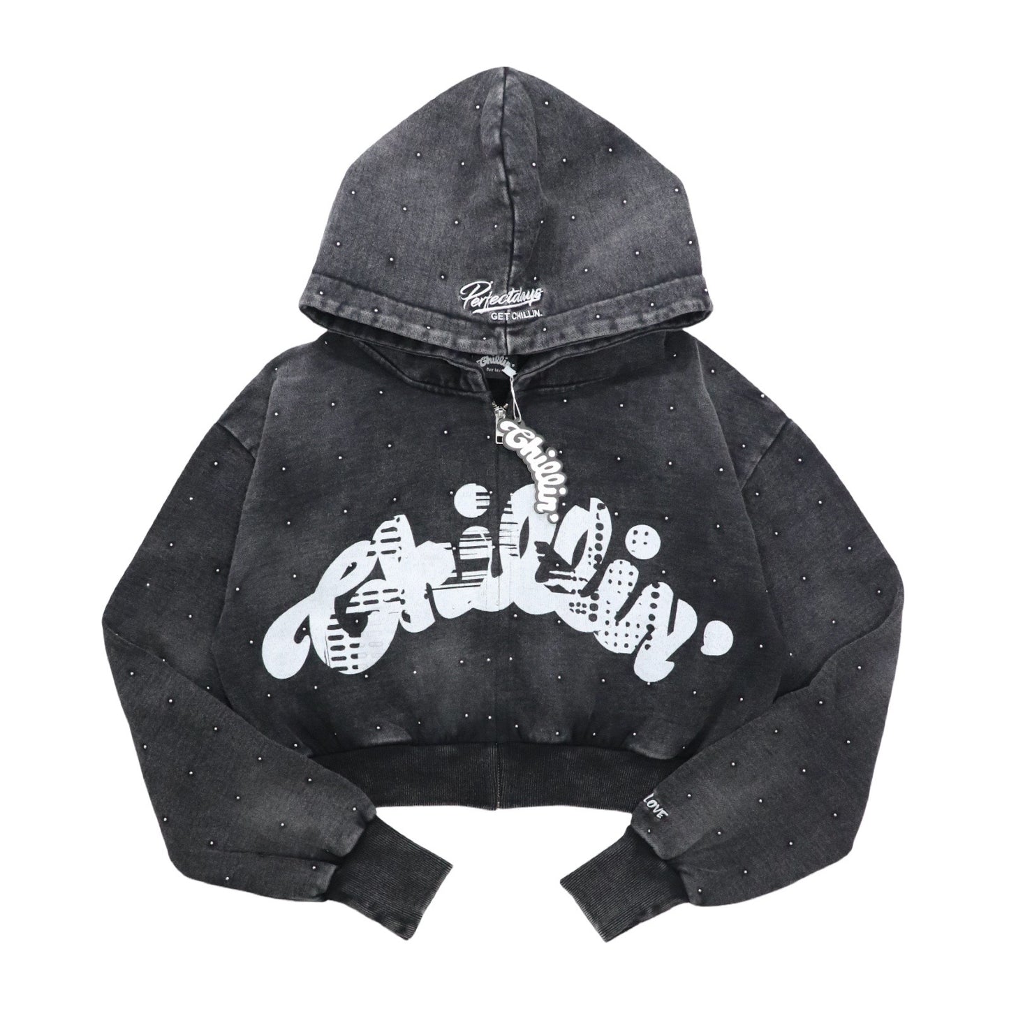 Women's STUDS PIGMENT ZIP HOODIE - BLACK