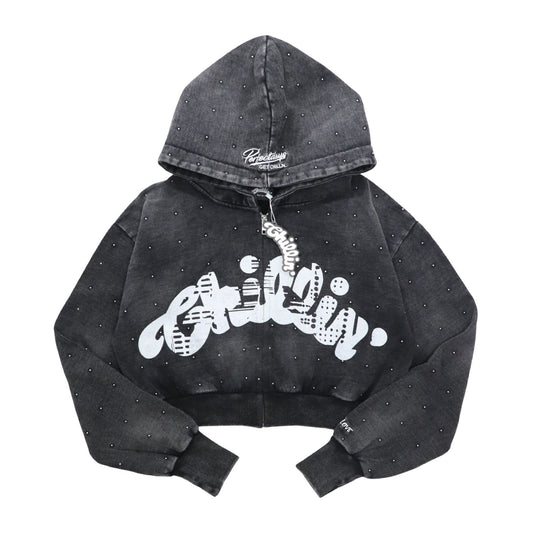 Women's STUDS PIGMENT ZIP HOODIE - BLACK
