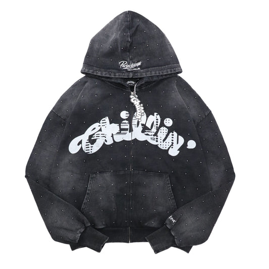 STUDS PIGMENT ZIP HOODIE - BLACK