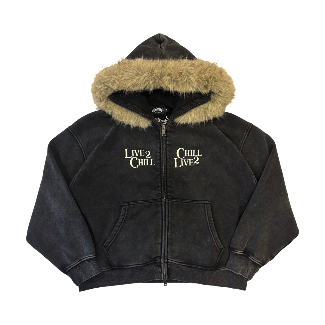 REMOVABLE FUR ZIP HOODIE - BLACK