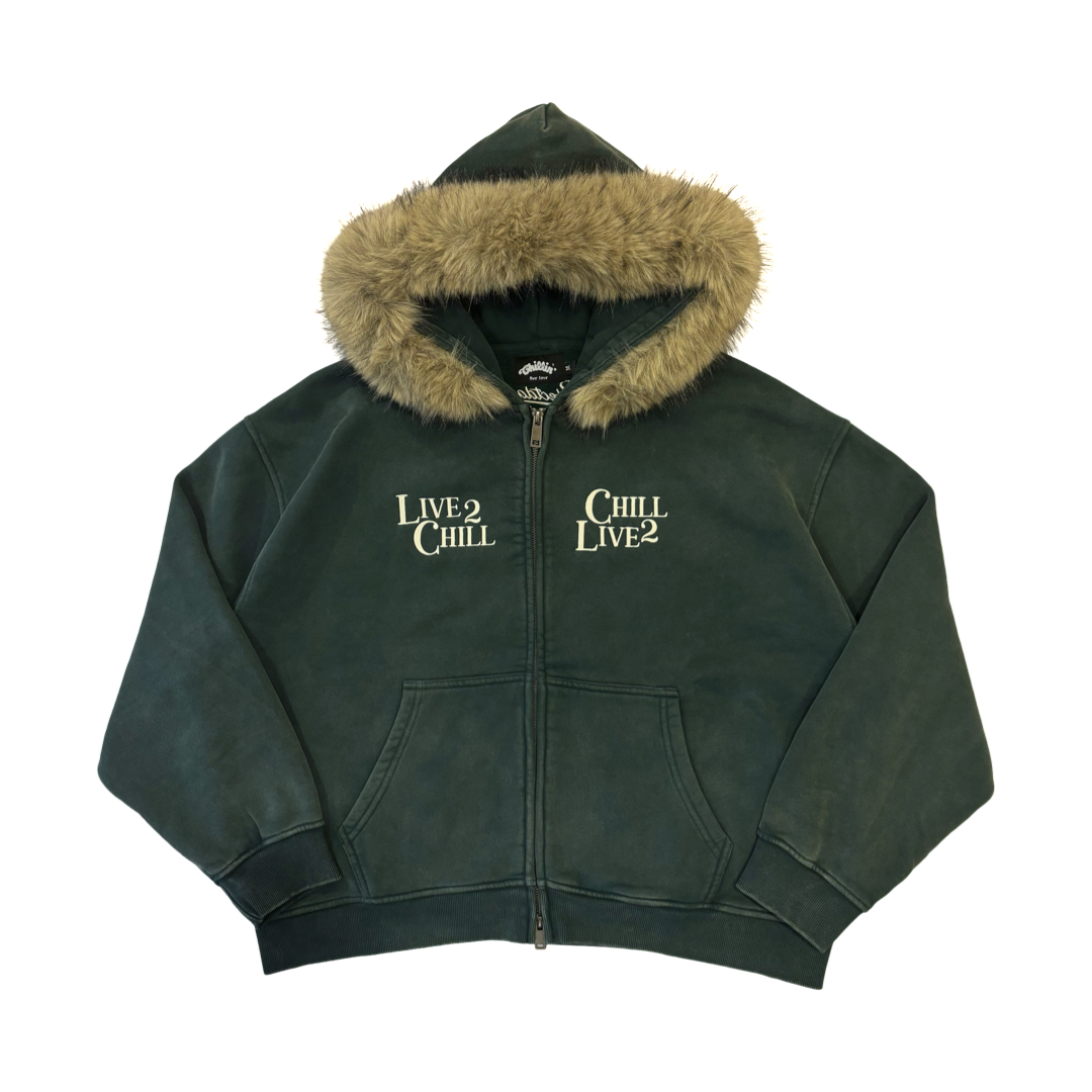 REMOVABLE FUR ZIP HOODIE - GREEN