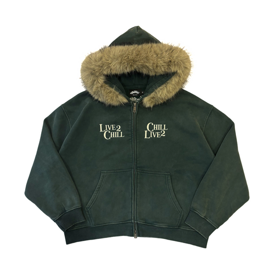 REMOVABLE FUR ZIP HOODIE - GREEN