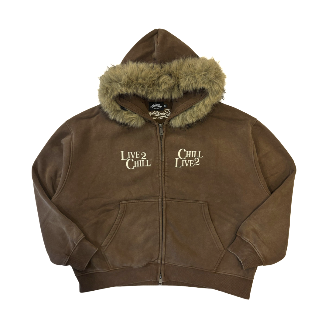 REMOVABLE FUR ZIP HOODIE - BROWN