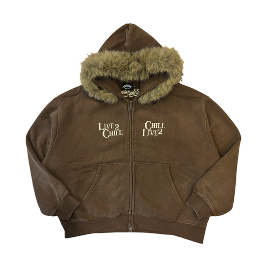 REMOVABLE FUR ZIP HOODIE - BROWN