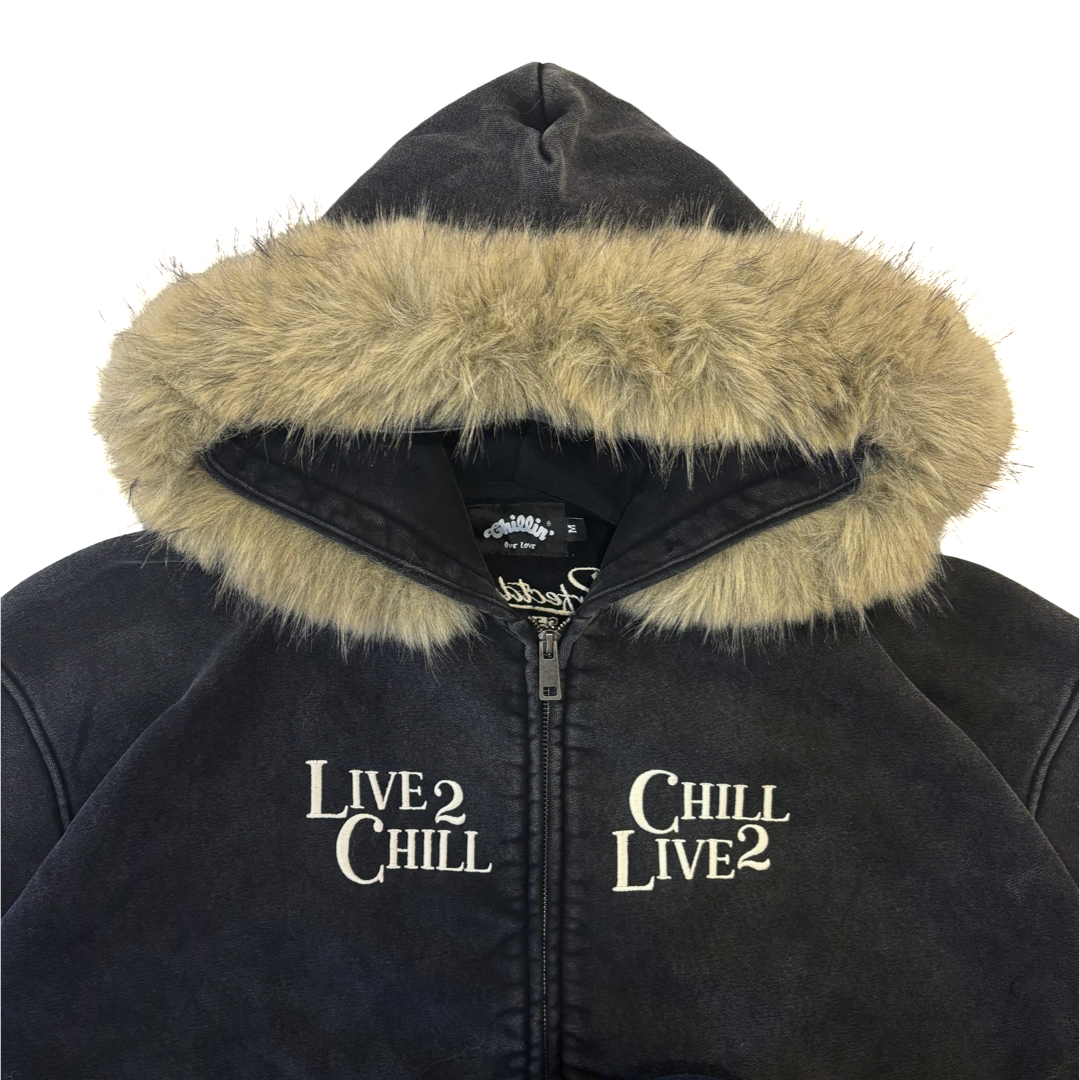 REMOVABLE FUR ZIP HOODIE - BLACK