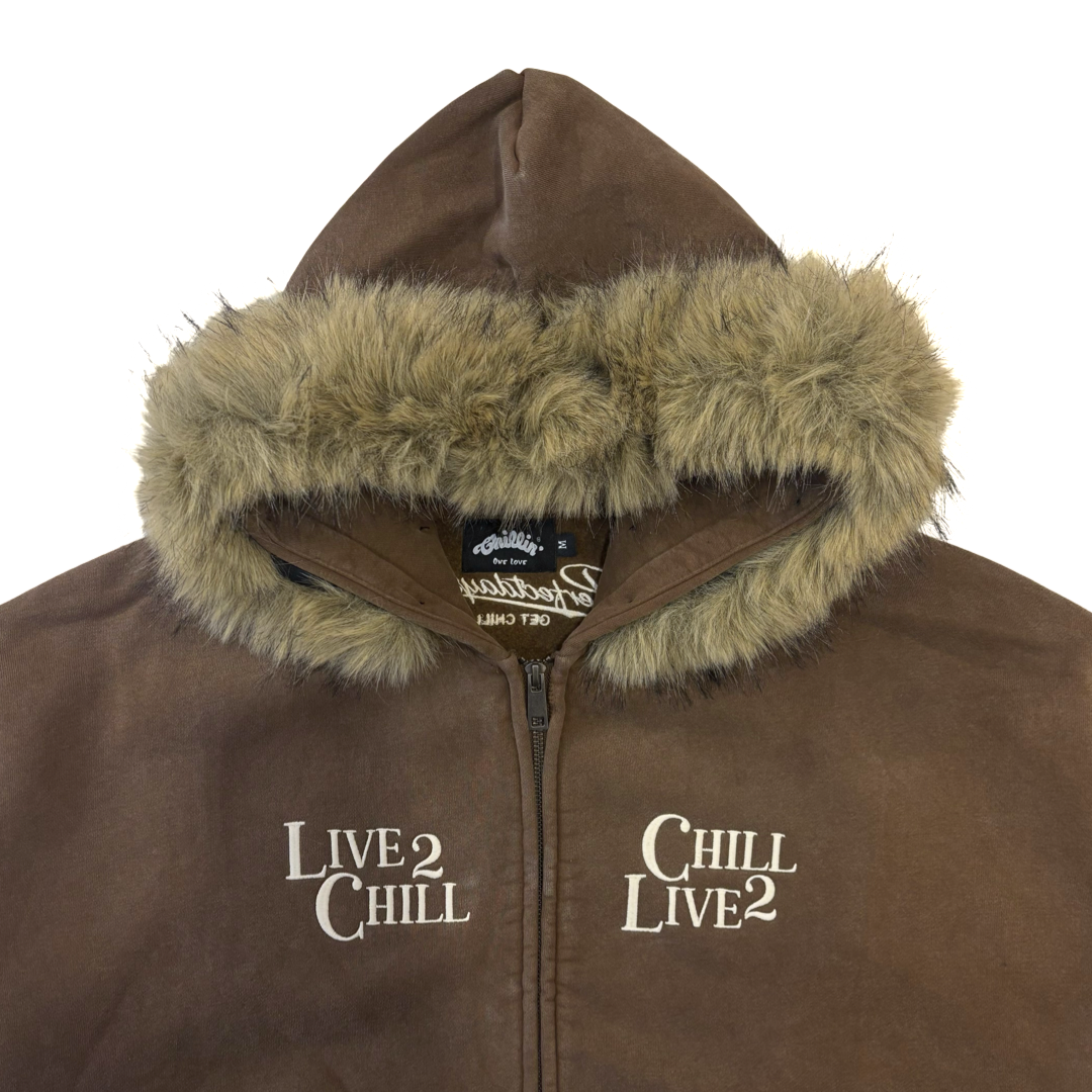 REMOVABLE FUR ZIP HOODIE - BROWN