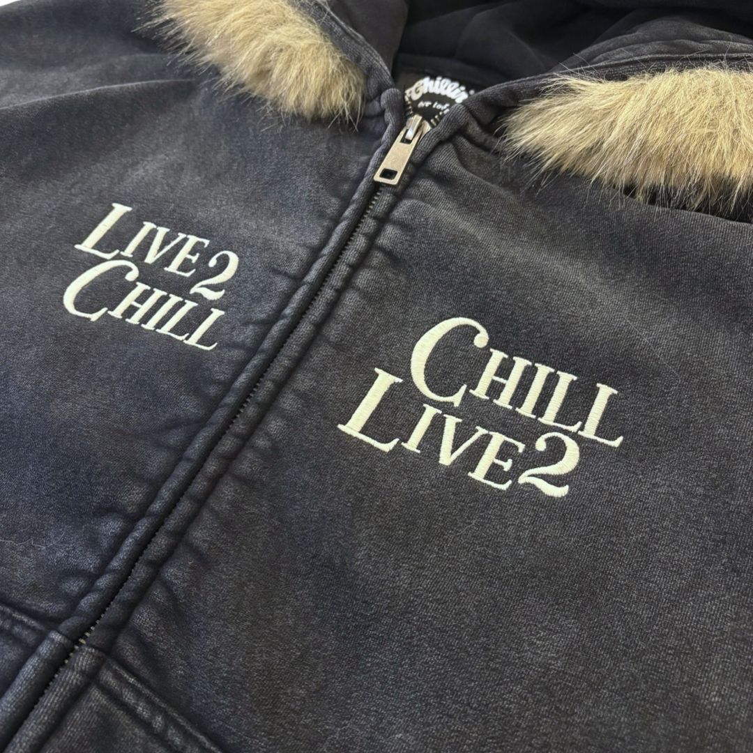 REMOVABLE FUR ZIP HOODIE - BLACK