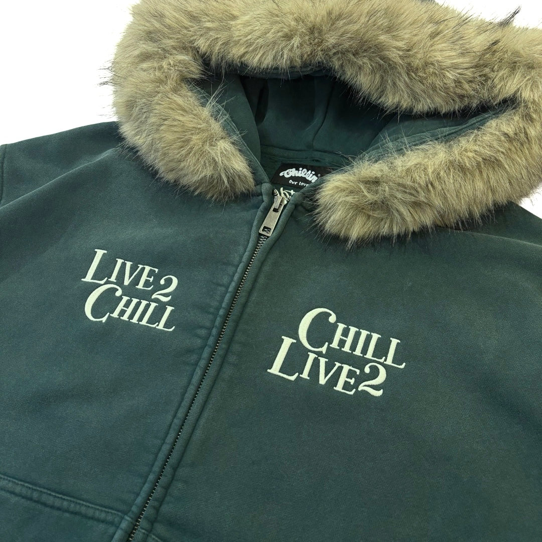 REMOVABLE FUR ZIP HOODIE - GREEN