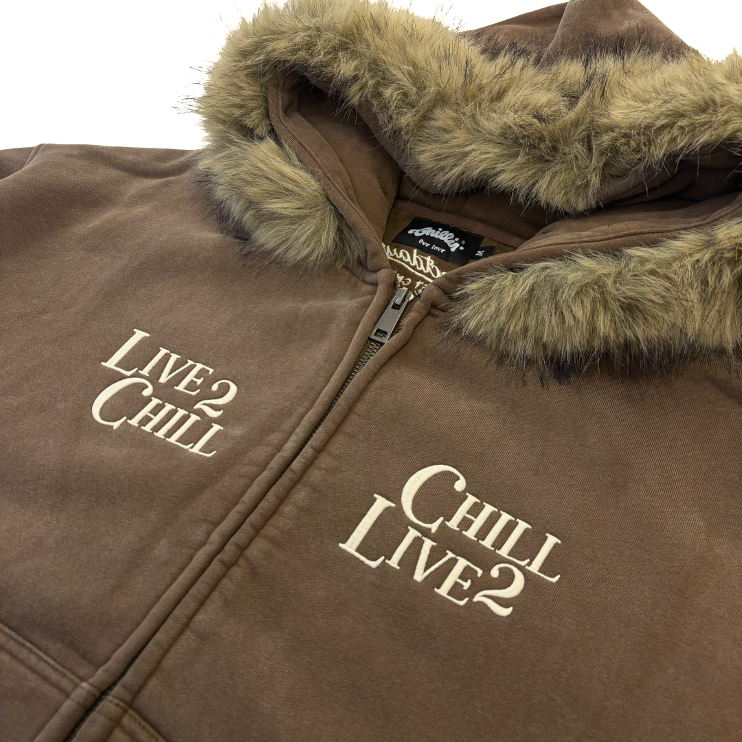 REMOVABLE FUR ZIP HOODIE - BROWN