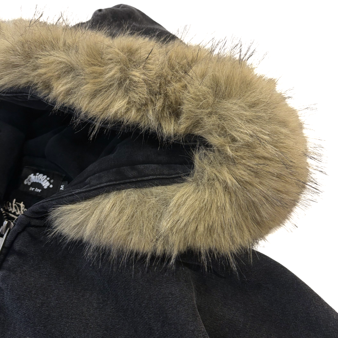 REMOVABLE FUR ZIP HOODIE - BLACK