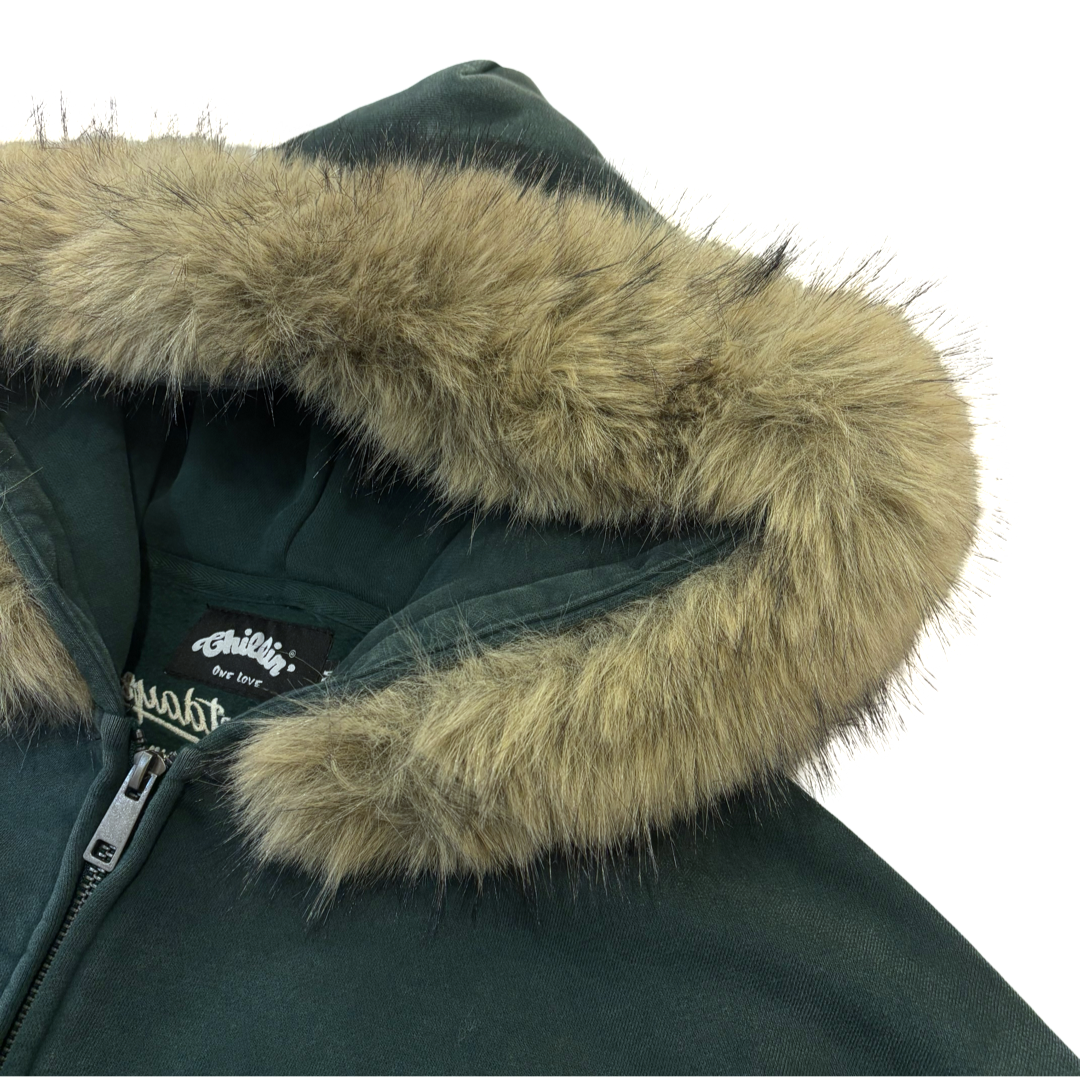 REMOVABLE FUR ZIP HOODIE - GREEN