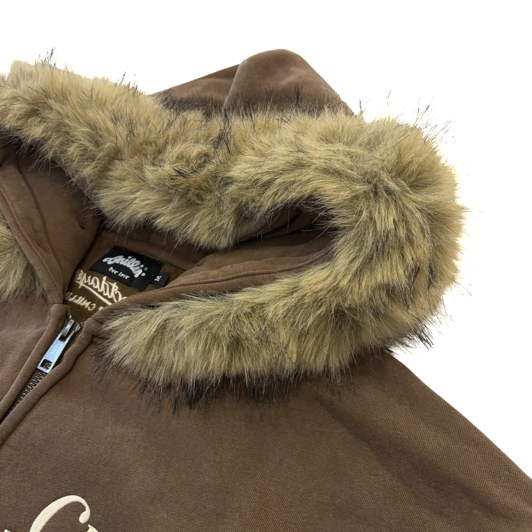 REMOVABLE FUR ZIP HOODIE - BROWN