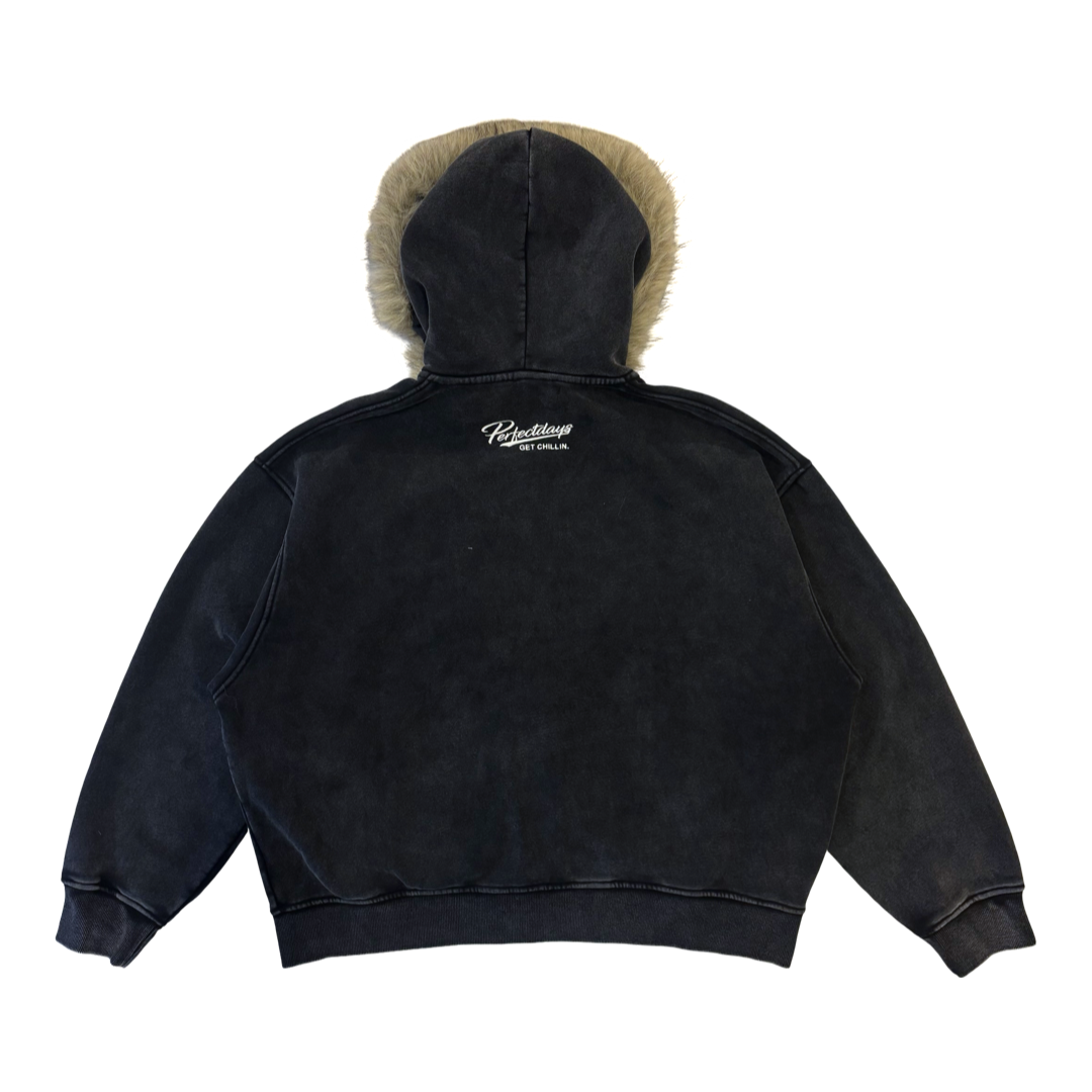 REMOVABLE FUR ZIP HOODIE - BLACK