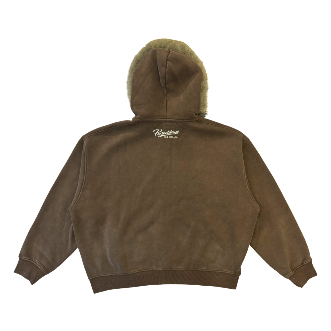 REMOVABLE FUR ZIP HOODIE - BROWN