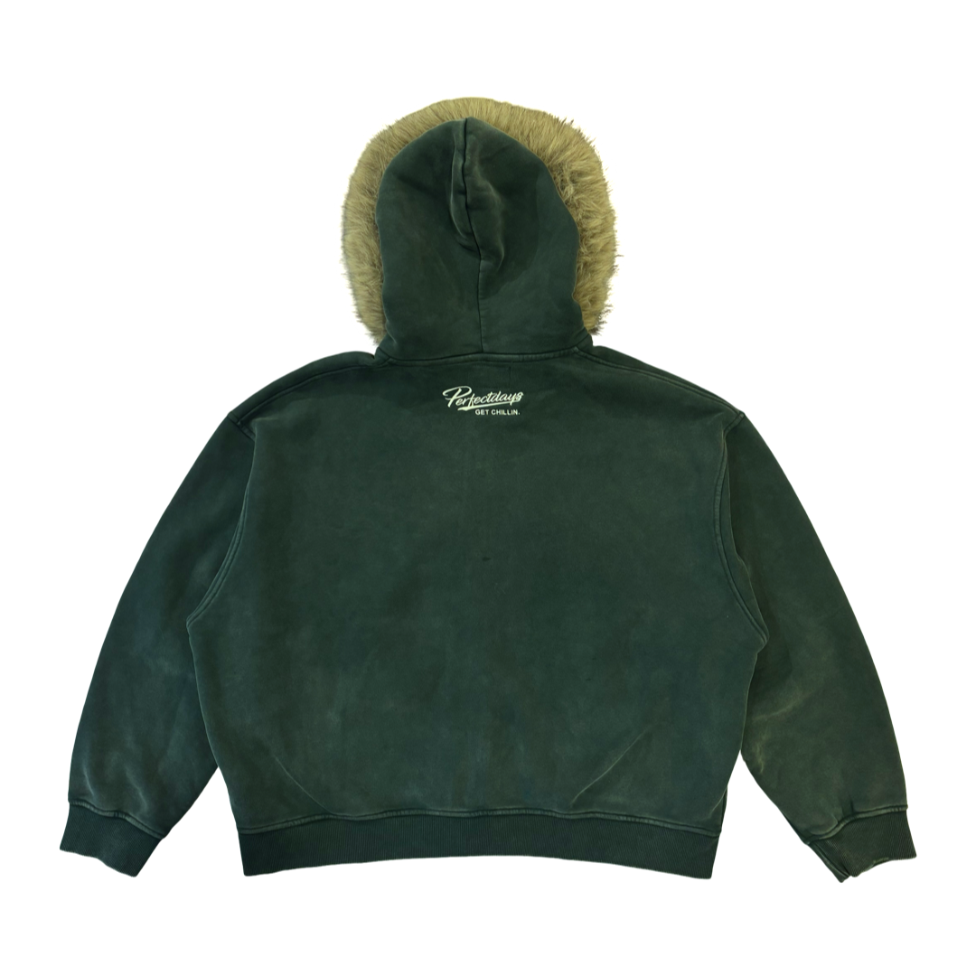 REMOVABLE FUR ZIP HOODIE - GREEN