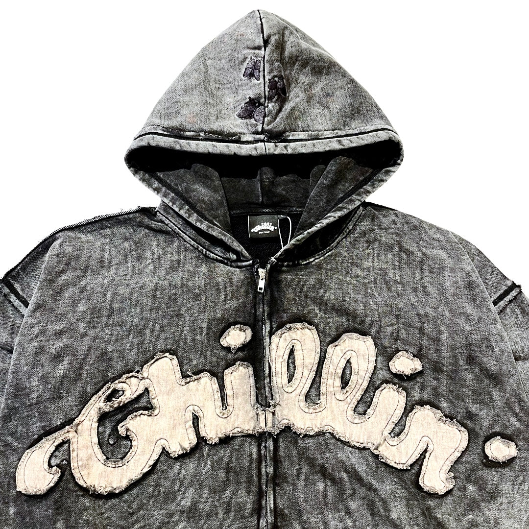 NY BUTTERFLY PIGMENT ZIP HOODIE - BLACK