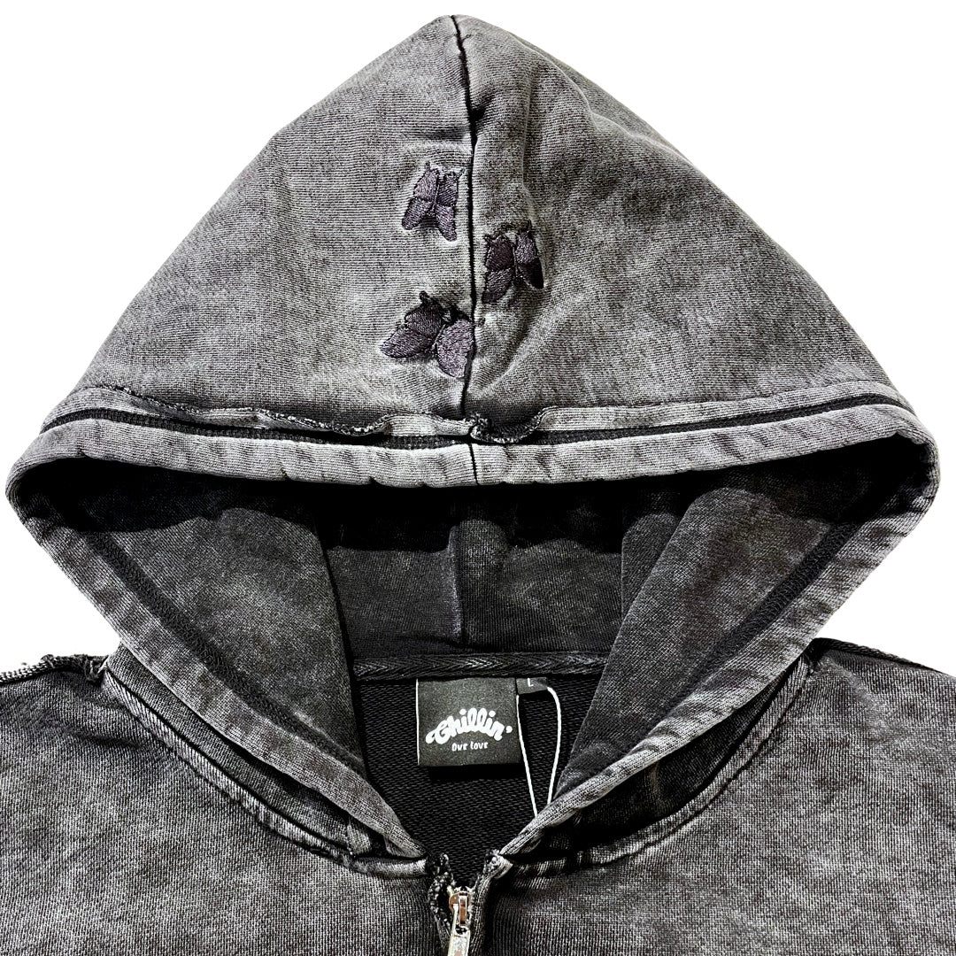 NY BUTTERFLY PIGMENT ZIP HOODIE - BLACK