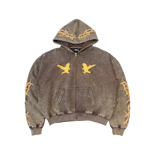 "EAGLE" PIGMENT ZIP HOODIE - BROWN